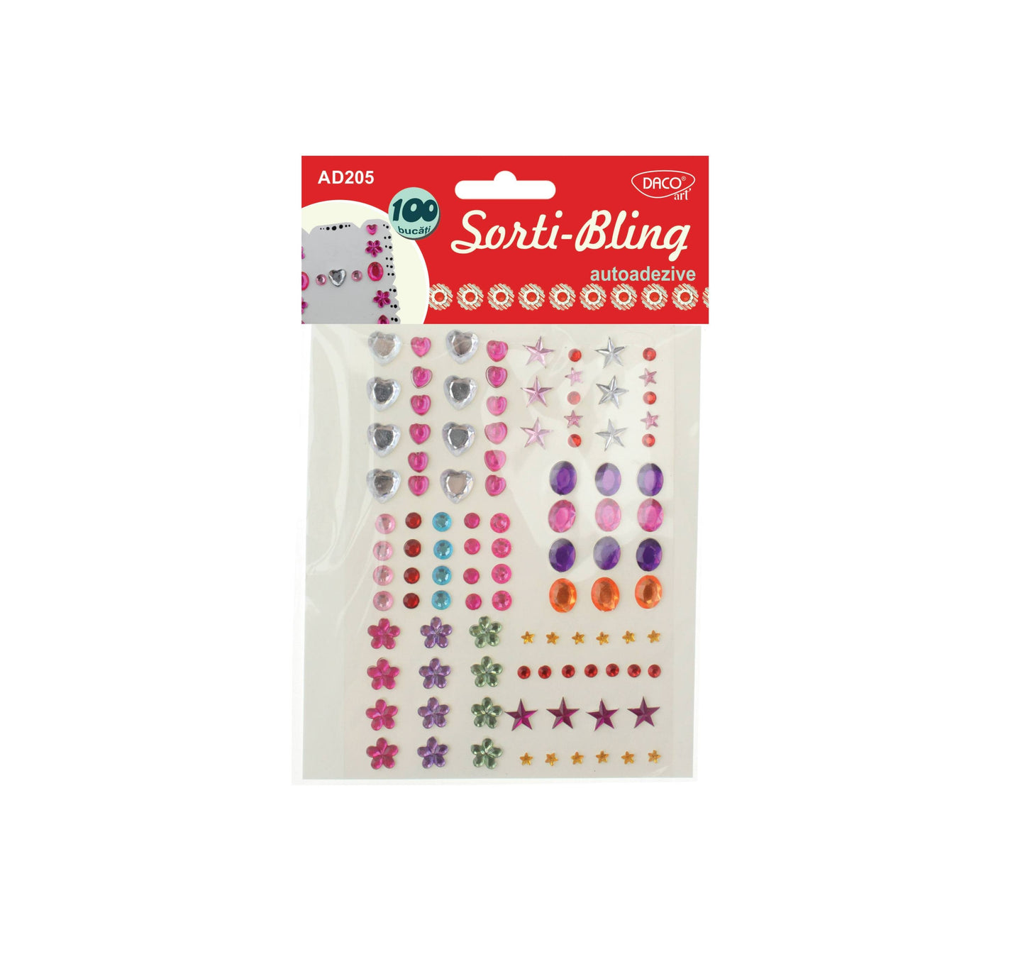 Set de 100 de piese autoadezive Sorti-Bling DACOart (dimensiuni variabile), ideale pentru decorarea felicitărilor, accesoriilor DIY și proiectelor creative handmade