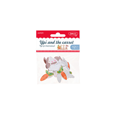 Set de 12 accesorii craft din lemn DACOart (iepurași și morcovi), ideale pentru decorarea felicitărilor, scrapbooking, proiecte handmade de Paște și activități creative.