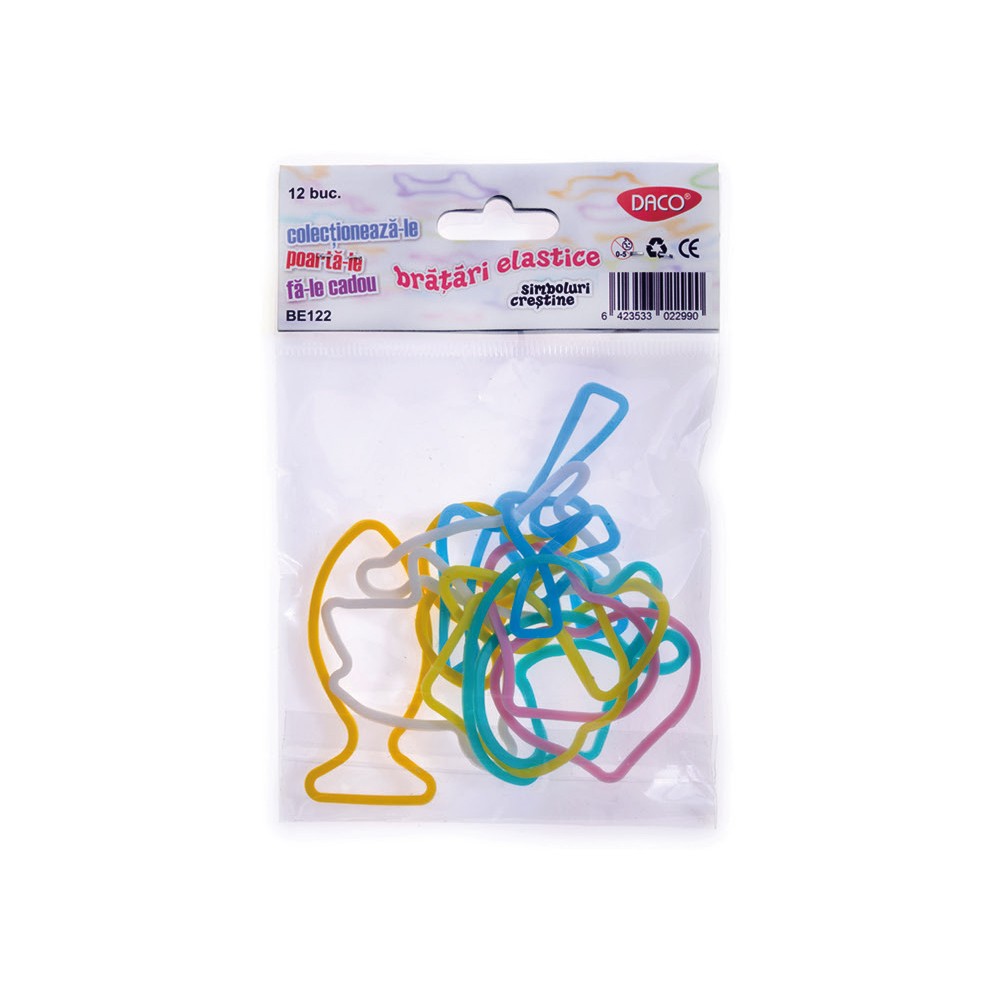 Set de 12 brățări elastice din silicon colorat care revin la forme inspirate de motive religioase, potrivite pentru copii și activități craft