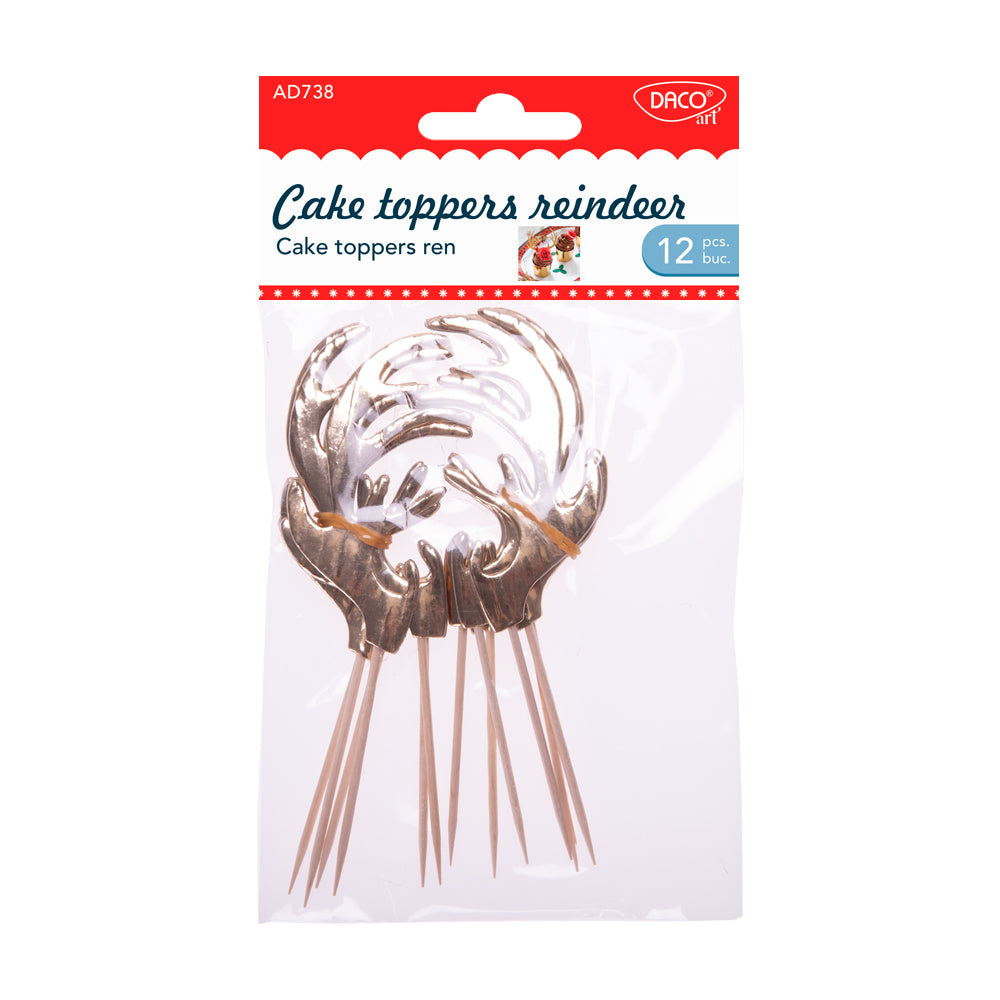 Set de 12 cake toppers „Ren” Daco (12 cm) pentru decorarea torturilor și brioșelor, ideale pentru deserturi festive de Crăciun și mese de sărbătoare.