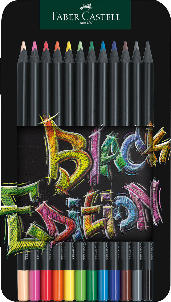 Set de 12 creioane colorate Faber-Castell Black Edition cu lemn negru și mină moale, în cutie metalică.