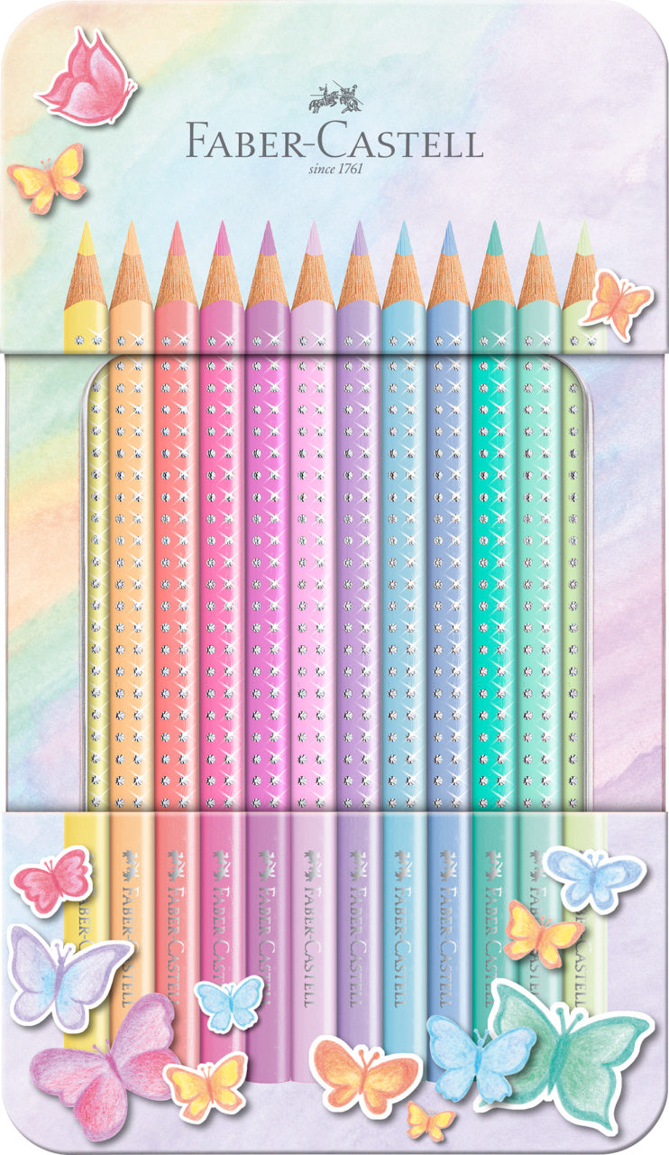 Set de 12 creioane colorate Faber-Castell Sparkle în nuanțe pastelate, ambalate într-o cutie metalică elegantă.