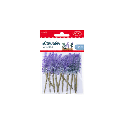 Set de 12 fire de levănțică decorativă Dacoart, 11 cm, aspect realist, ideale pentru aranjamente florale, felicitări handmade și decoruri elegante.