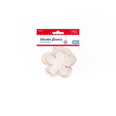 Set de 12 flori decorative din lemn Dacoart, dimensiuni 7.5 cm și 10 cm, ideale pentru scrapbooking, proiecte DIY și decorațiuni handmade.