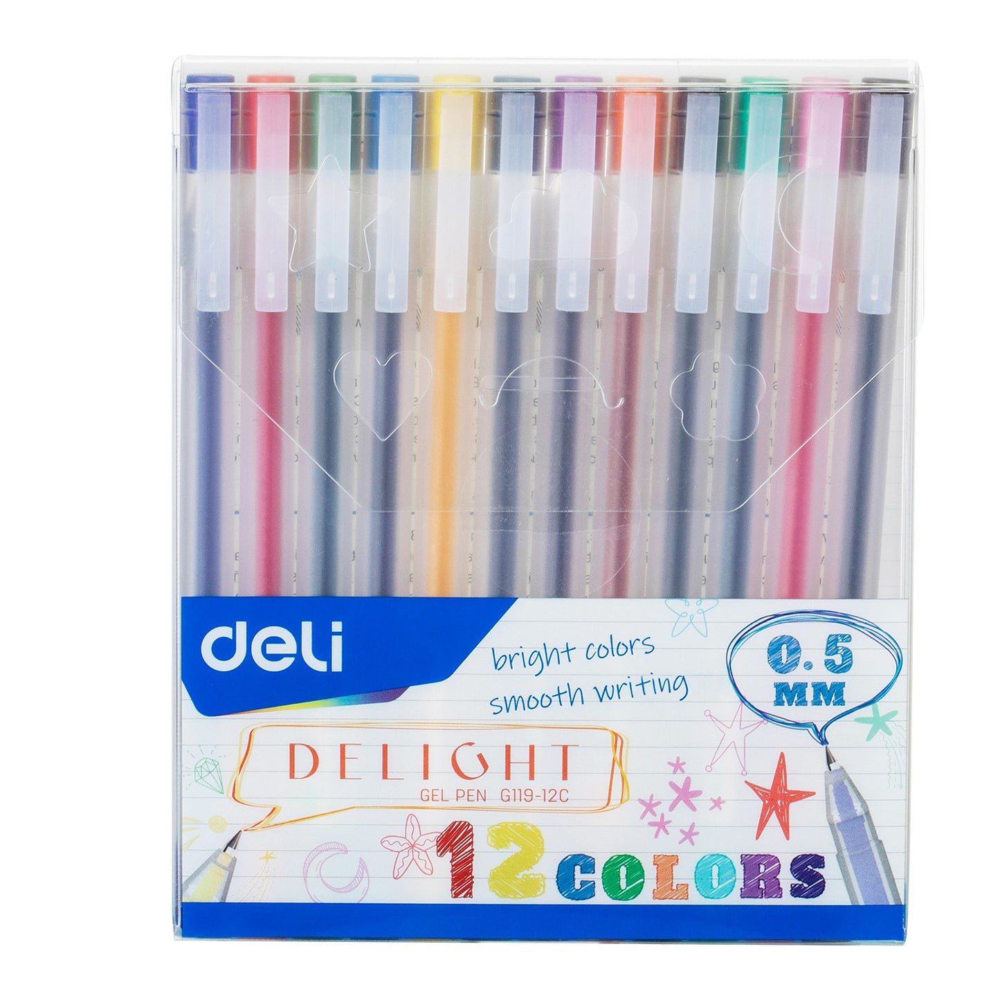 Set de 12 pixuri cu gel Deli de 0.5 mm în culori asortate pentru scris și notițe