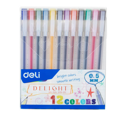 Set de 12 pixuri cu gel Deli de 0.5 mm în culori asortate pentru scris și notițe