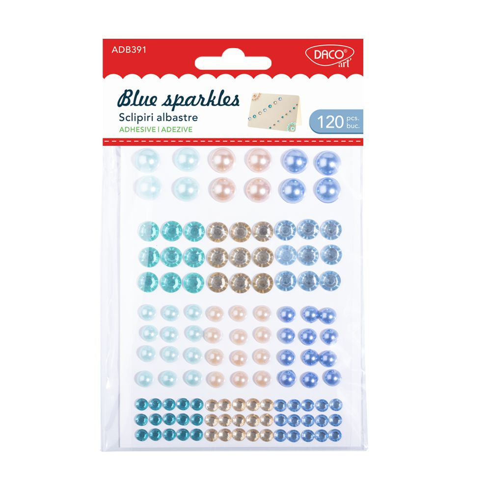 Set de 120 pietricele autoadezive DACOart în nuanță albastră (diametre variate), ideale pentru scrapbooking, felicitări, obiecte personalizate și proiecte handmade creative
