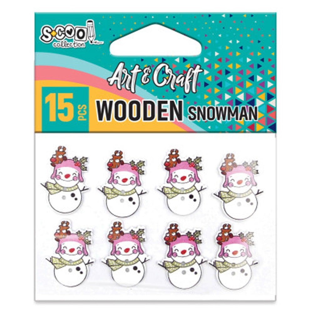 Set de 15 accesorii decorative Om de Zăpadă din lemn S-COOL, cu detalii colorate și perforații, ideale pentru proiecte handmade de Crăciun și activități creative