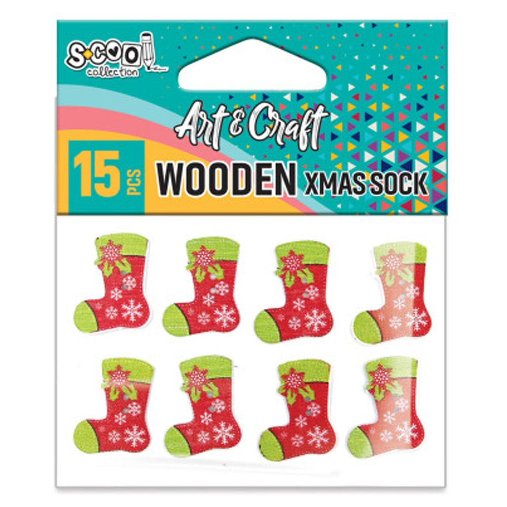 Set de 15 accesorii decorative Șosete din lemn S-COOL, cu model fulgi de nea, ideale pentru proiecte handmade de Crăciun, felicitări și activități creative