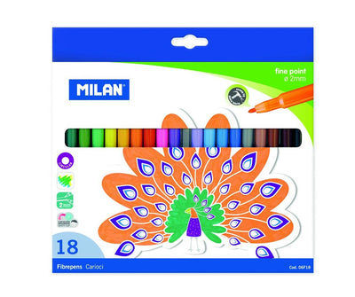 Set de 18 carioci cu vârf subțire Milan 06F18 pe bază de apă pentru desen și școală