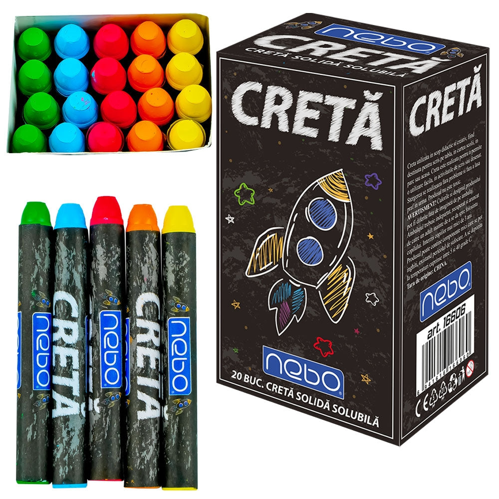 Cutie cu 20 de bucăți de cretă rotundă solubilă de la NEBO, în culori intense (galben, portocaliu, cireșiu, albastru, verde), pentru utilizare pe tablă fără praf