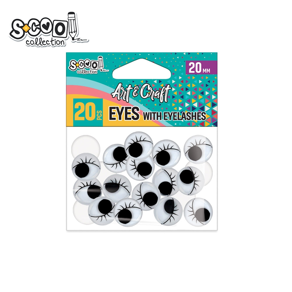 Set de 20 de ochișori decorativi cu gene negre S-COOL (20 mm), cu iris mobil 360°, ideali pentru proiecte creative, păpuși mari, figurine și activități handmade