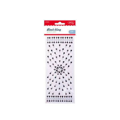Set de 239 pietricele autoadezive DACO Black Bling în nuanță neagră lucioasă (dimensiuni variate), ideale pentru scrapbooking, felicitări, invitații și proiecte handmade sofisticate