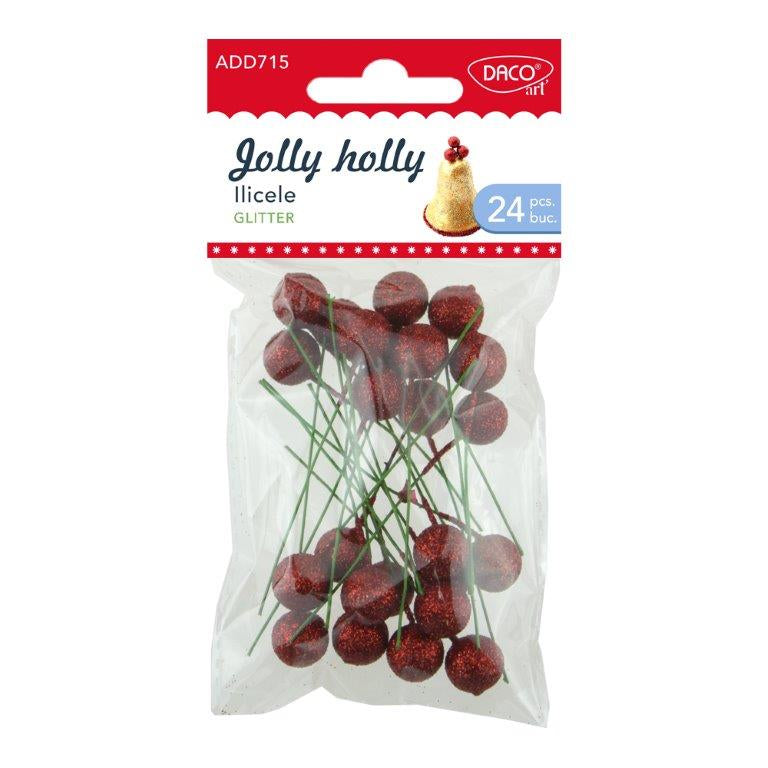 Set de 24 ilice decorative roșii cu glitter Daco (6 cm) pentru Crăciun, ideale pentru aranjamente, coronițe, brad și decoruri festive strălucitoare
