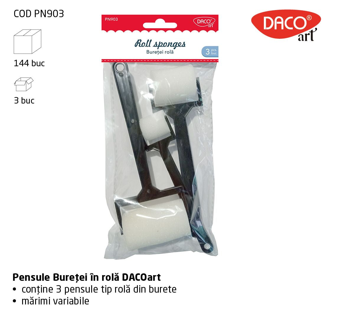 Set de 3 pensule cu burete de dimensiuni diferite (25-60 mm), ideale pentru aplicarea uniformă a vopselei, lacului și adezivului în proiecte handmade sau de recondiționare