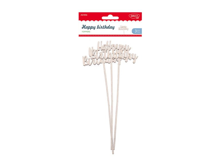Set de 3 toppere pentru tort „Happy Birthday” din lemn Dacoart, 9 x 24 cm, ideale pentru decorarea torturilor aniversare și a petrecerilor festive