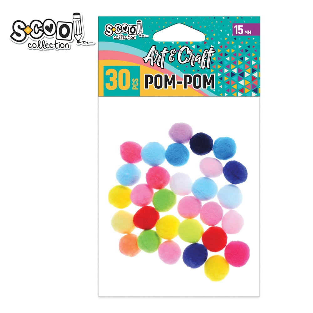 Set de 30 de pom-pom-uri pufoase și colorate S-COOL (15 mm), ideale pentru proiecte handmade, decorarea accesoriilor, activități școlare și decorațiuni festive