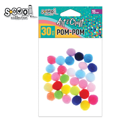 Set de 30 de pom-pom-uri pufoase și colorate S-COOL (15 mm), ideale pentru proiecte handmade, decorarea accesoriilor, activități școlare și decorațiuni festive