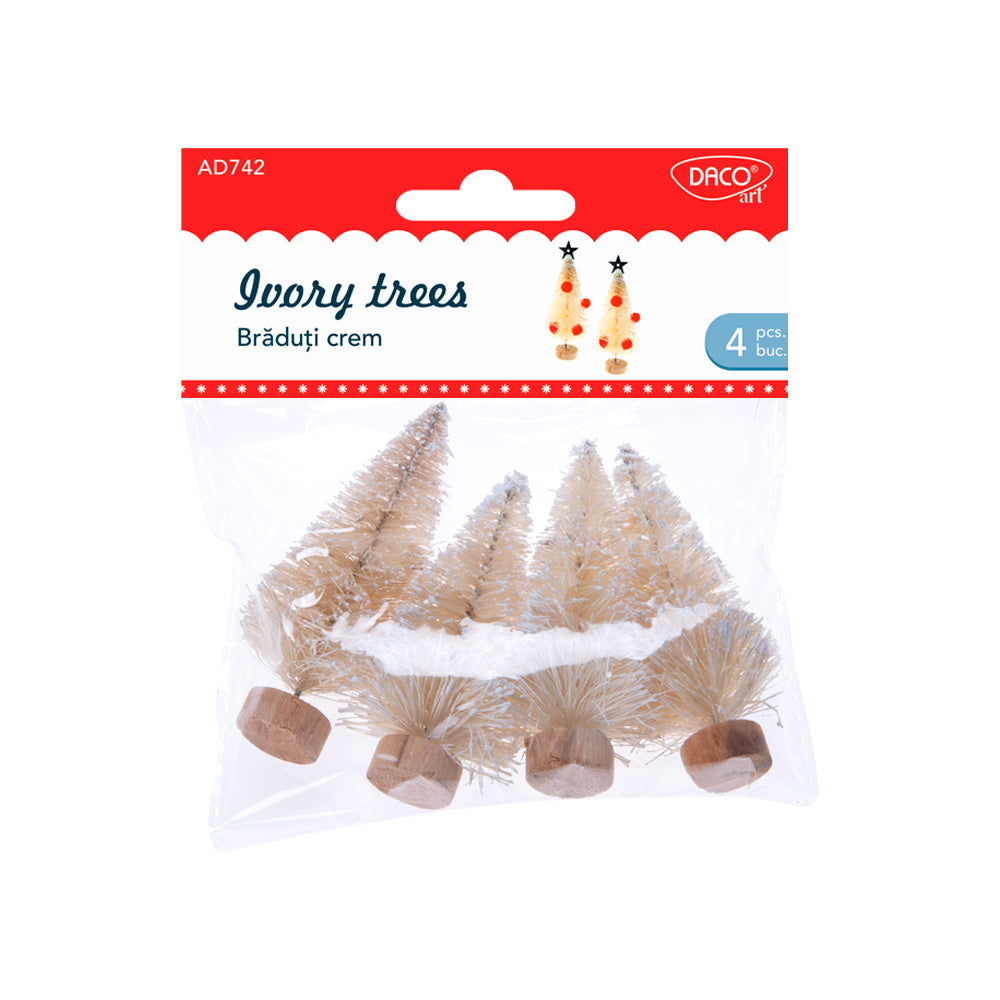 Set de 4 brăduți decorativi crem Daco (7 cm), ideali pentru aranjamente festive, decoruri de masă și proiecte de craft elegante