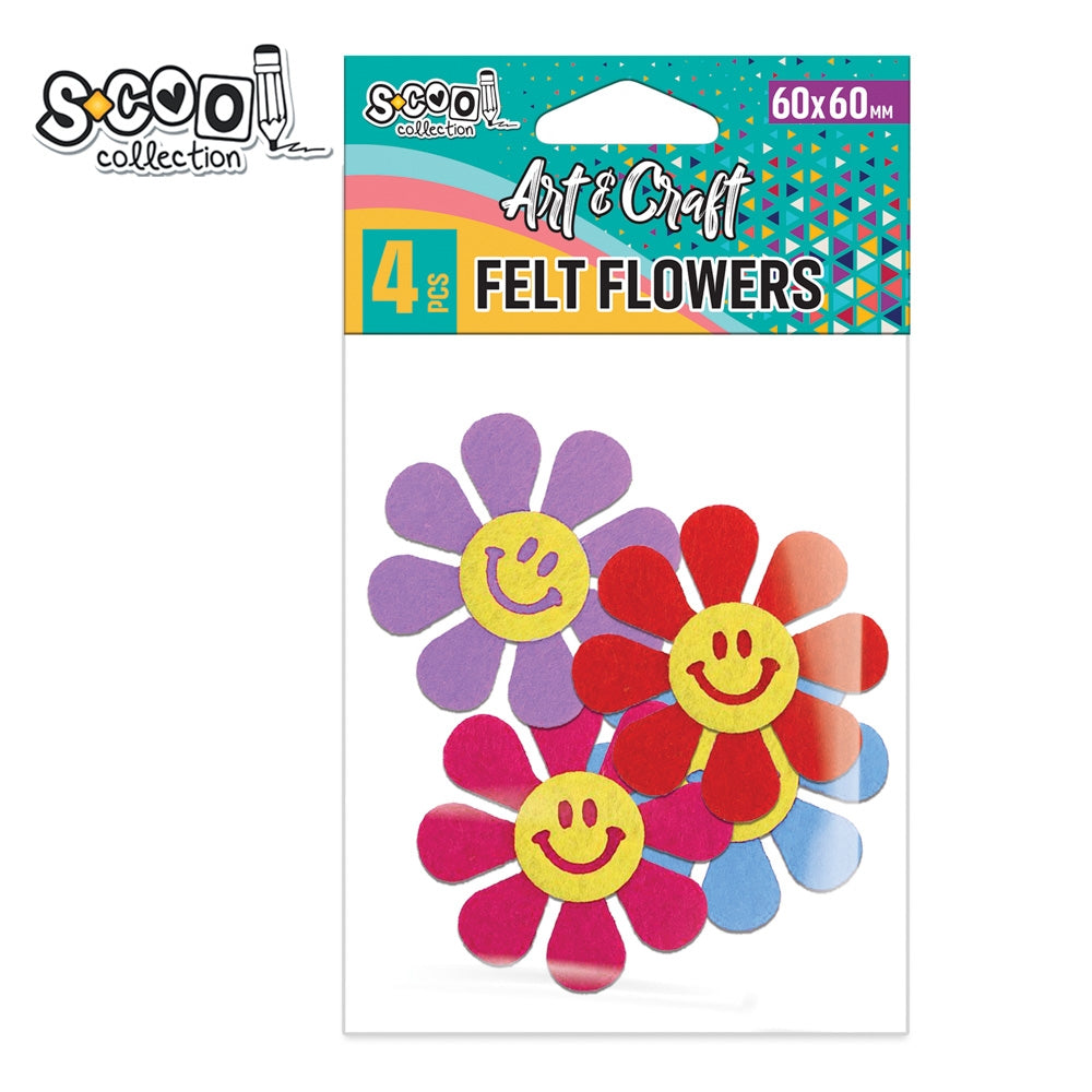 Set de 4 floricele decorative din fetru S-COOL (60 x 60 mm), cu față zâmbitoare, ideale pentru proiecte handmade, cusut, lipit și activități creative în școli și grădinițe
