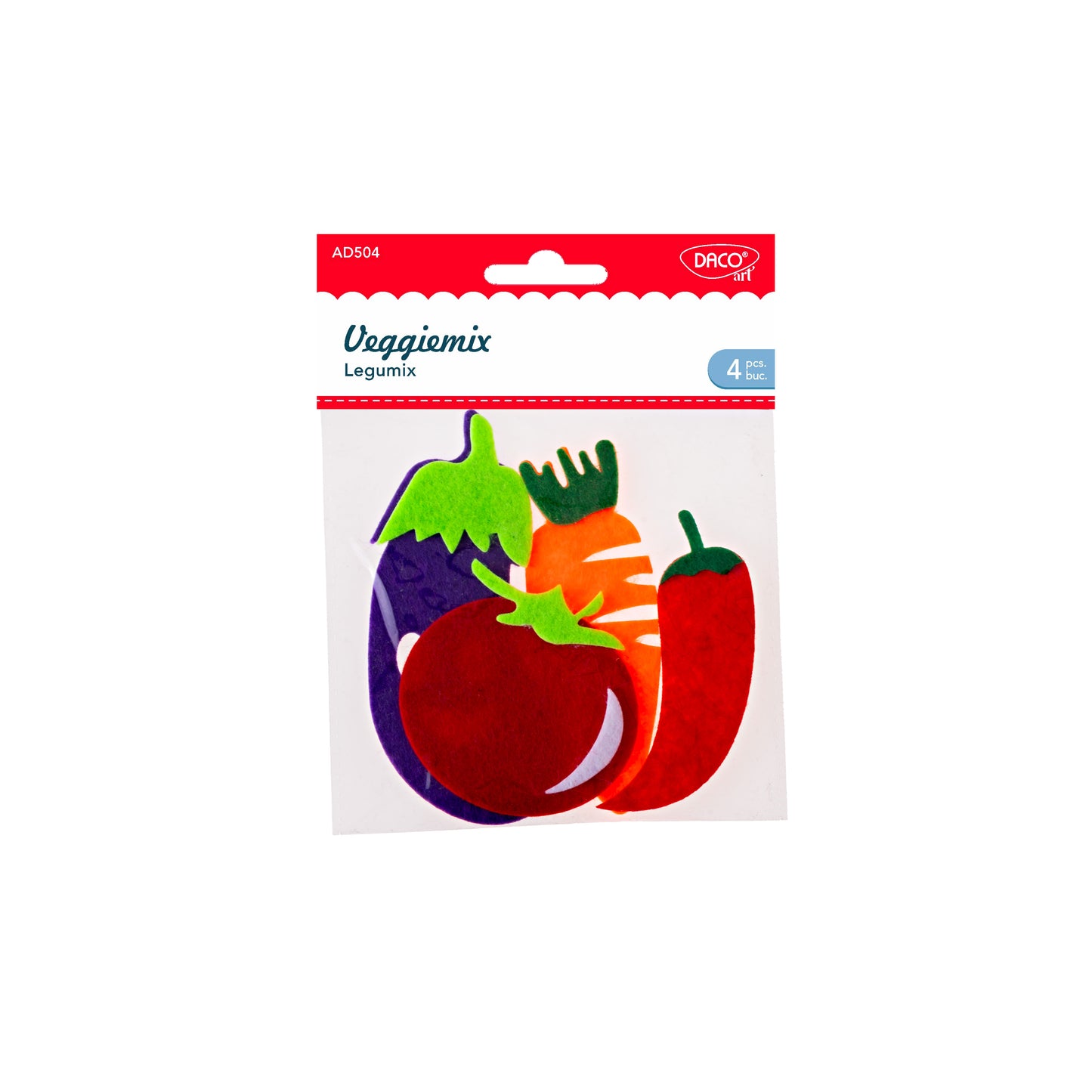 Set de 4 legume decorative din fetru Dacoart (Legumix), ideale pentru proiecte educative, decoruri de bucătărie și activități creative handmade.