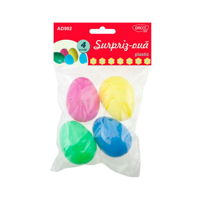 Set de 4 surpriz-ouă decorative Daco (6x4 cm) în culori vibrante, ideale pentru decorațiuni de Paște, proiecte craft DIY și activități educative pentru copii