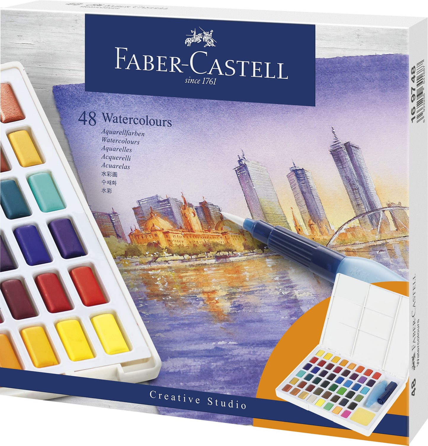 Set profesional extins de 48 acuarele Faber-Castell Creative Studio cu pensula cu rezervor si paleta de amestecare pentru artisti si calatorii