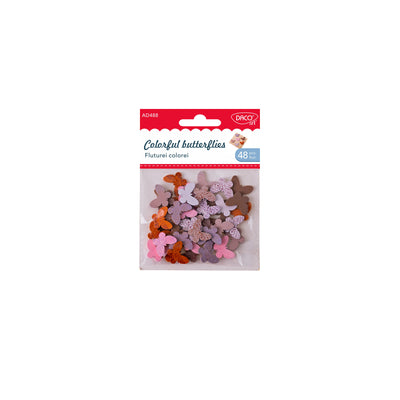 Set de 48 fluturași decorativi din lemn Dacoart în culori vibrante, dimensiune 2 cm, ideali pentru proiecte creative, scrapbooking și decorațiuni handmade