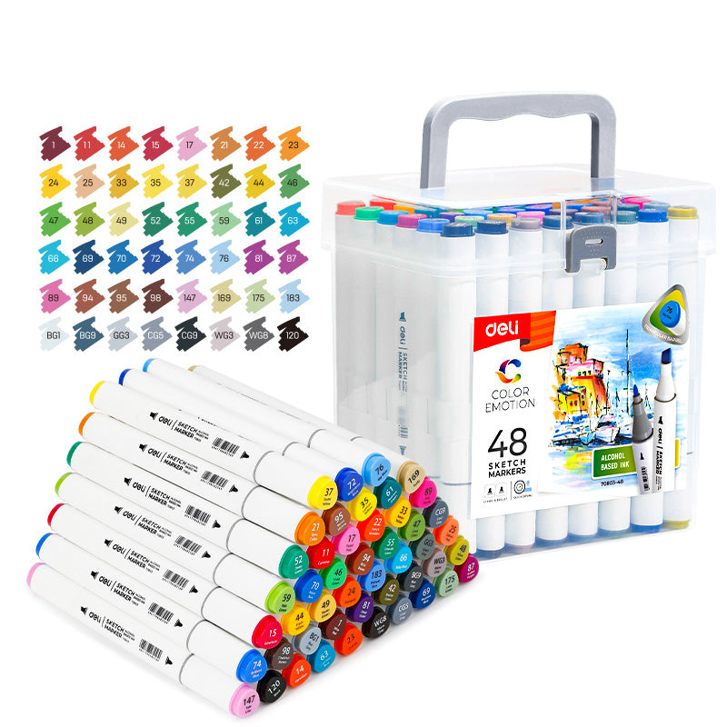 Set de 48 markere sketching Deli Color Emotion cu vârf dublu și cutie din plastic pentru desen și ilustrații.