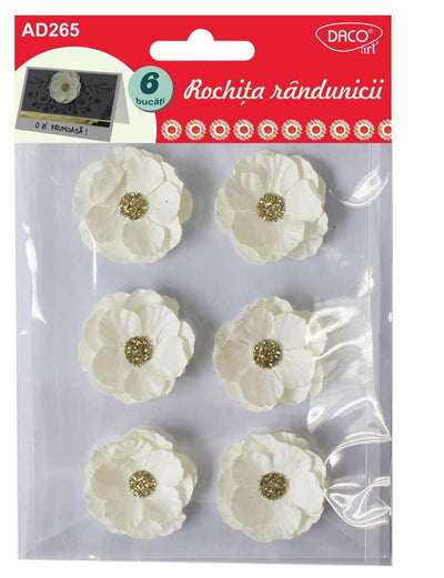 Set de 6 accesorii decorative de hârtie „Rochița Rândunicii” Dacoart, alb cu auriu, perfecte pentru invitații elegante și scrapbooking