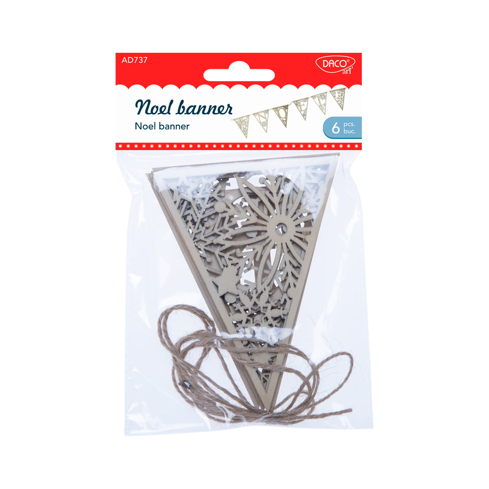 Set de 6 ornamente din lemn „Banner Noel” Daco (12 cm) cu sfoară natur, ideale pentru ghirlande de Crăciun, decorarea bradului și petreceri festive