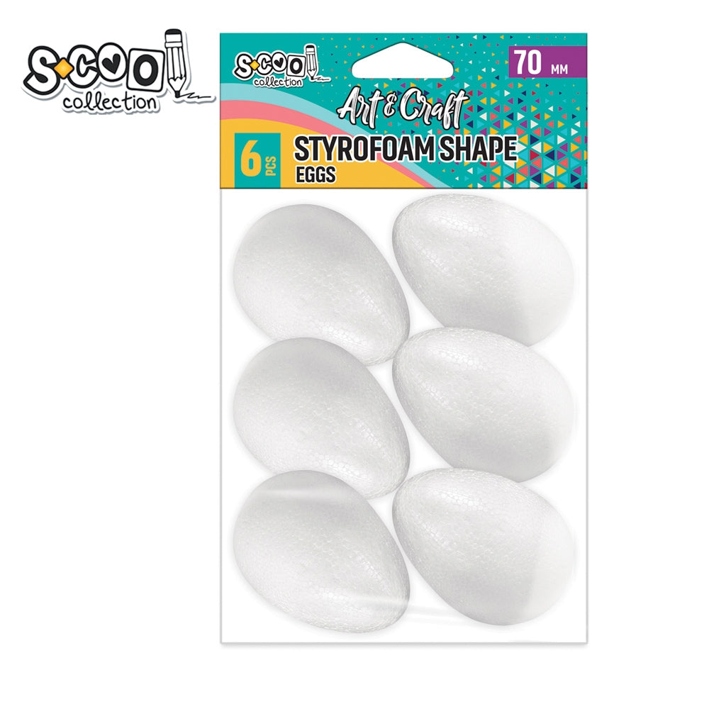 Set de 6 ouă decorative din polistiren alb S-COOL (70 mm), ideale pentru proiecte handmade, pictură, decorare, artă decorativă și activități creative în școli și grădinițe
