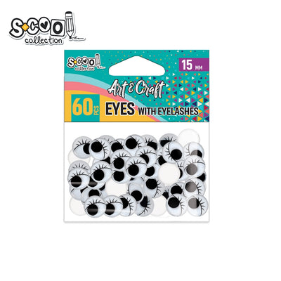 Set de 60 de ochișori decorativi cu gene negre S-COOL (15 mm), cu iris mobil, ideali pentru proiecte handmade, păpuși, felicitări și activități creative