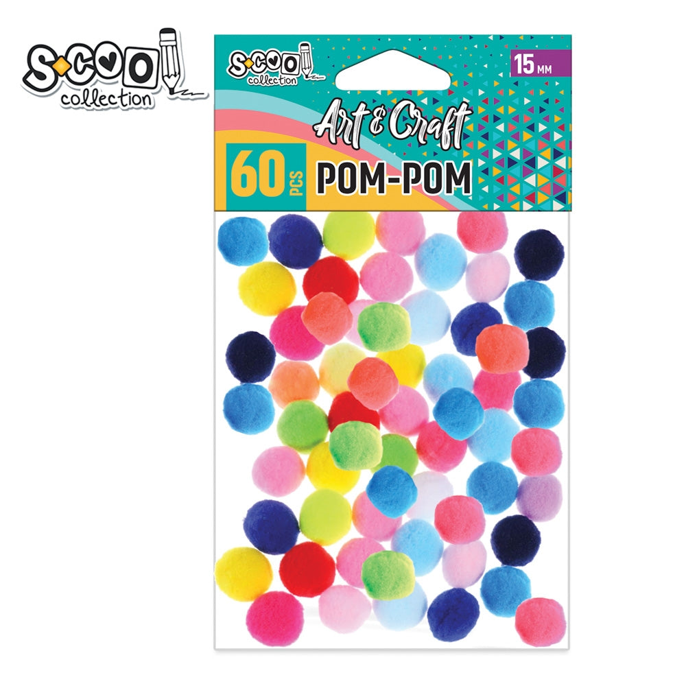 Set generos de 60 de pom-pom-uri pufoase și colorate S-COOL (15 mm), ideale pentru proiecte handmade, decorarea accesoriilor, activități școlare și decorațiuni festive