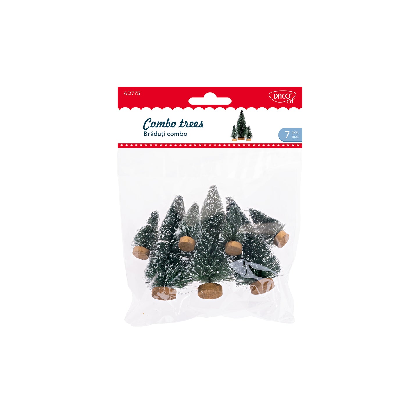 Set de 7 brăduți decorativi combo Daco (4.5 cm și 9 cm), realizați din lemn, sârmă și plastic, ideali pentru diorame de Crăciun, decoruri de masă și proiecte handmade