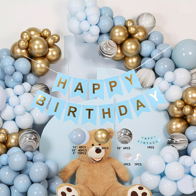 Set complet de 70 de piese pentru arcadă aniversară de la ROBEN TOYS, conținând baloane albastre, aurii, marmorate, ghirlandă Happy Birthday din carton și accesorii de fixare
