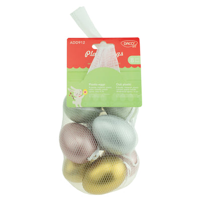 Set de 8 ouă decorative din plastic Daco cu finisaj metalizat (6 cm), ideale pentru aranjamente de Paște sofisticate, decorațiuni festive și proiecte creative handmade
