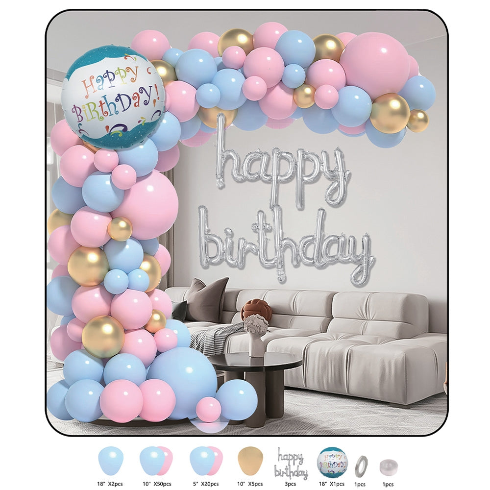 Set decorativ de 83 de piese pentru arcadă aniversară de la ROBEN TOYS, cu baloane din latex în nuanțe de albastru, roz, auriu și ghirlandă Happy Birthday din folie de aluminiu