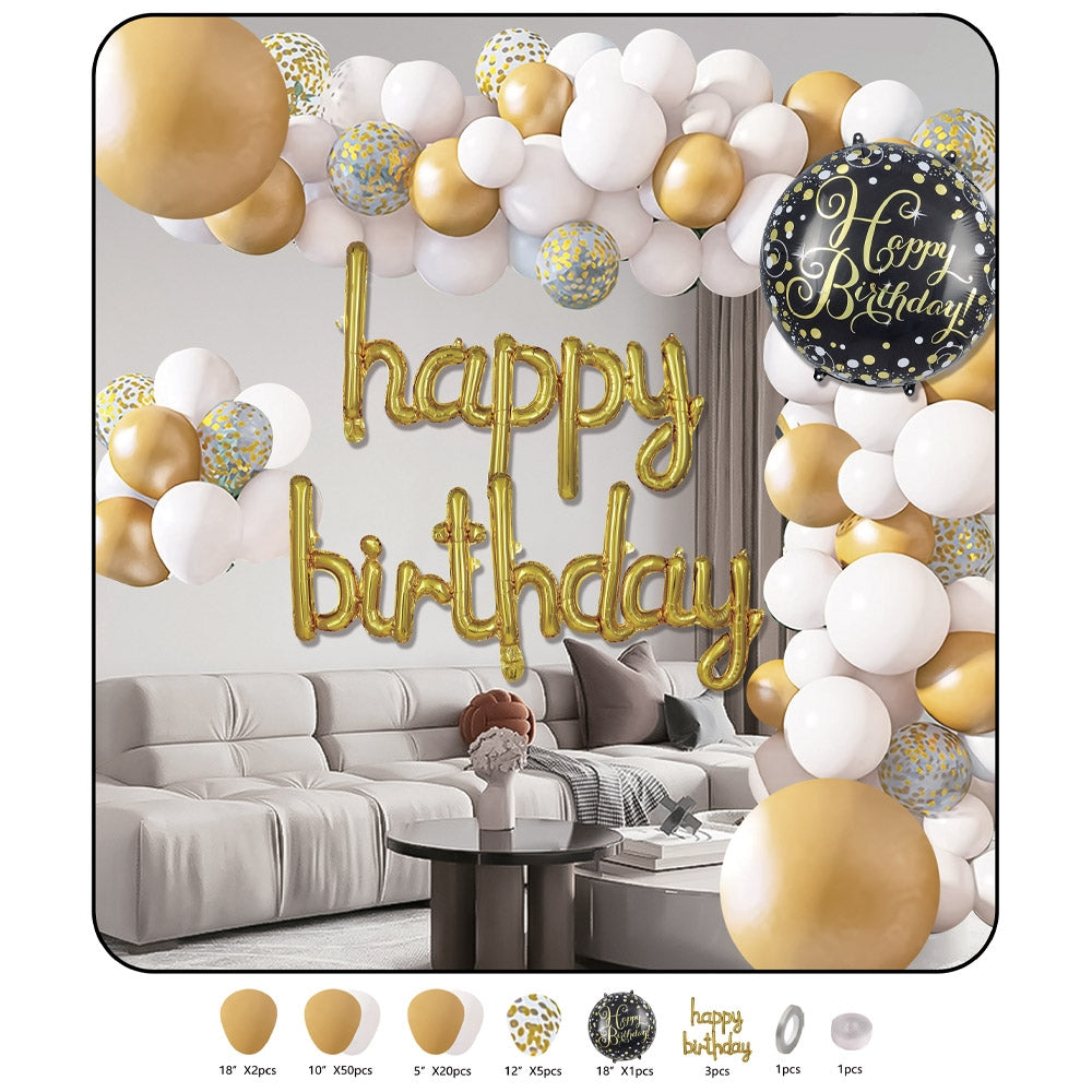 Set decorativ de 83 piese pentru arcadă aniversară de la ROBEN TOYS, cu baloane din latex alb și auriu, baloane cu confetti, baloane din folie Happy Birthday și accesorii de fixare