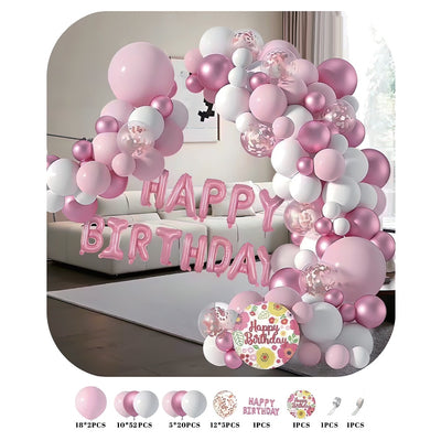 Set decorativ de 83 de piese pentru arcadă de baloane de la ROBEN TOYS, în nuanțe feminine de roz pal, roz sidefat, alb și ghirlandă Happy Birthday din folie de aluminiu