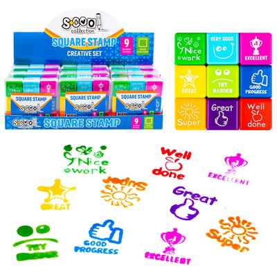 Set de 9 ștampiluțe educative S-COOL cu mesaje motivaționale în engleză, 9 culori diferite, ideale pentru corectare școlară, proiecte handmade și felicitări