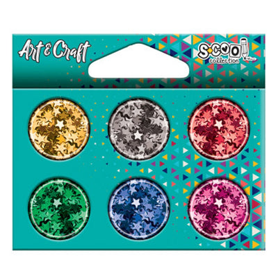 Set creativ de la S-COOL conținând 6 recipiente individuale cu confetti steluțe în culori metalizate (auriu, argintiu, roz, roșu, verde, albastru) din plastic, pentru activități craft și decor petreceri