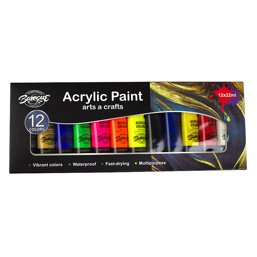 Set de 12 culori acrilice Evoffice la tub de 22 ml cu putere mare de acoperire si culori intense pentru pictura si hobby