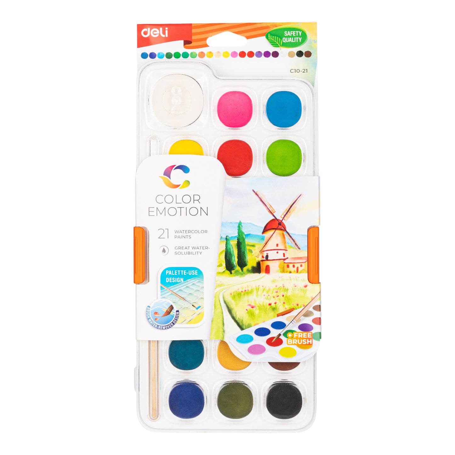 Set extins 21 acuarele Deli cu pensula pastila alba mare 40mm pentru activitati creative scoala si acasa