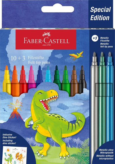 Set de carioci Faber-Castell 10+3 culori cu ambalaj ilustrat cu dinozauri, ideale pentru copii
