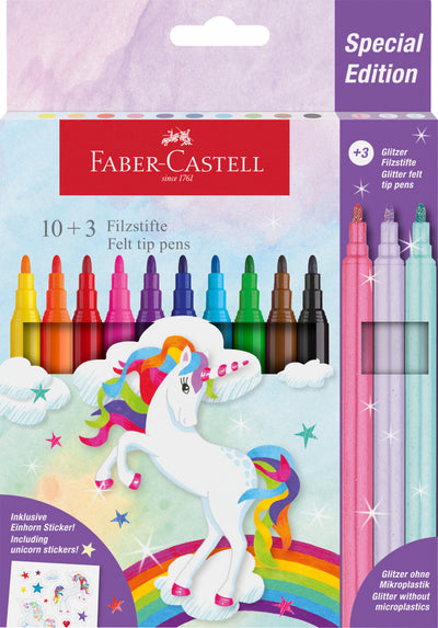 Set de carioci Faber-Castell 10+3 culori cu ambalaj ilustrat cu unicorni, ideale pentru micii artiști.