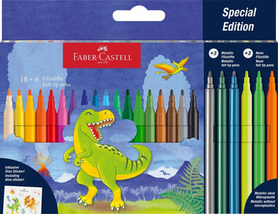 Set de carioci Faber-Castell 18+6 culori cu tematică dinozauri și stickere incluse, ideale pentru copii.