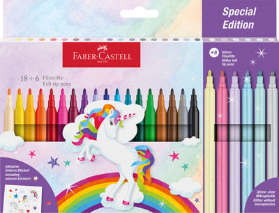 Set de carioci Faber-Castell 18+6 culori cu tematică unicorni, culori pastel cu sclipici și stickere incluse