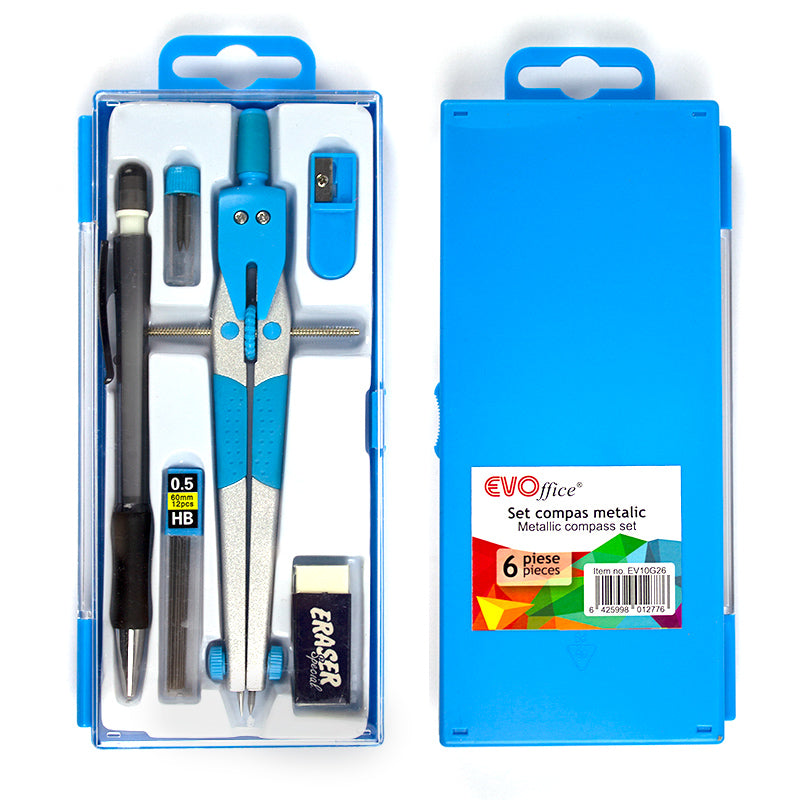 Trusă de geometrie marca EVOffice compusă din 6 piese: compas metalic, creion mecanic de 0.5 mm, radieră, ascuțitoare și rezerve de mine, organizate în cutie de plastic