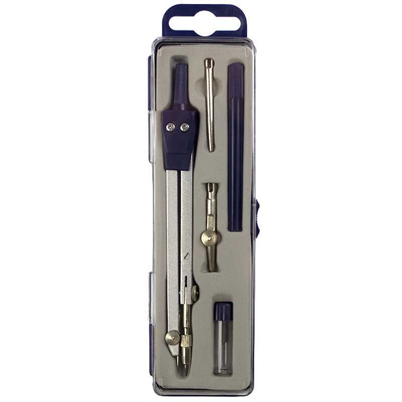 Set de geometrie din metal compus din 5 piese esențiale: compas metalic, trasator tuș, ac metalic, adaptor universal și etui cu mine de schimb.